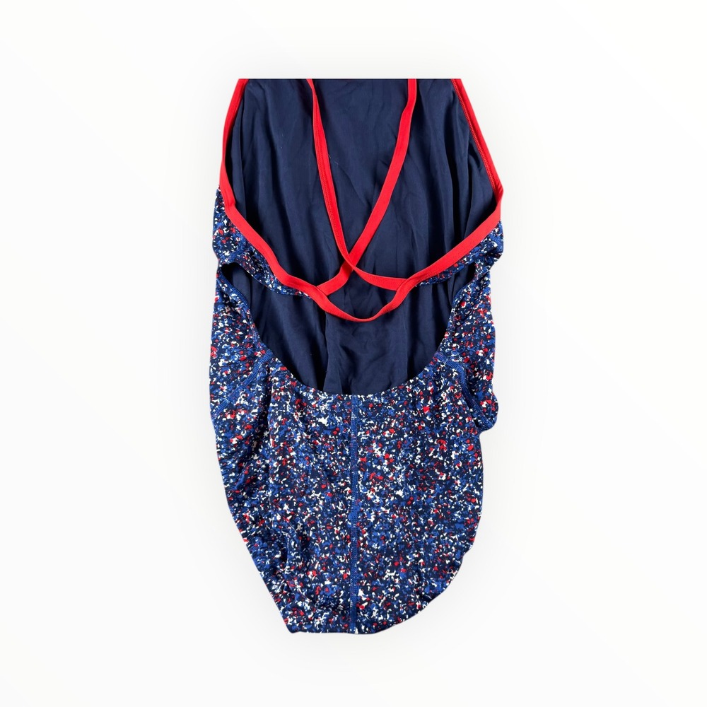 Nike Womens One‎ Piece Swimsuit Red White Blue Confetti Print Athletic Racerback - Picture 5 of 5